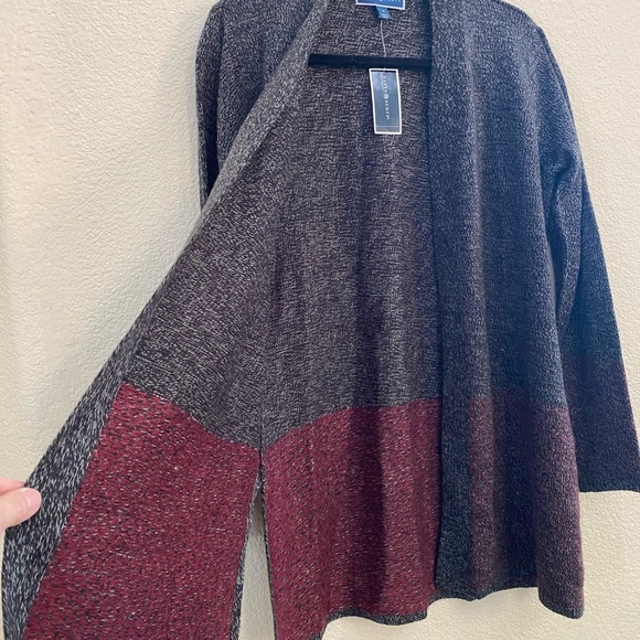 Karen Scott Mid-length Lightweight Cardigan Gray Burgundy Open Front Size Medium - Picture 3 of 5